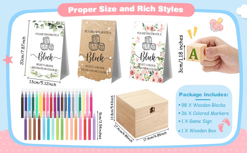 Baby shower block decorating game kit contents including wooden blocks, markers, game signs, and storage box with dimensions shown.