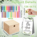 Baby shower block decorating game kit with wooden box, markers, wooden blocks, and game sign. Dimensions are shown.