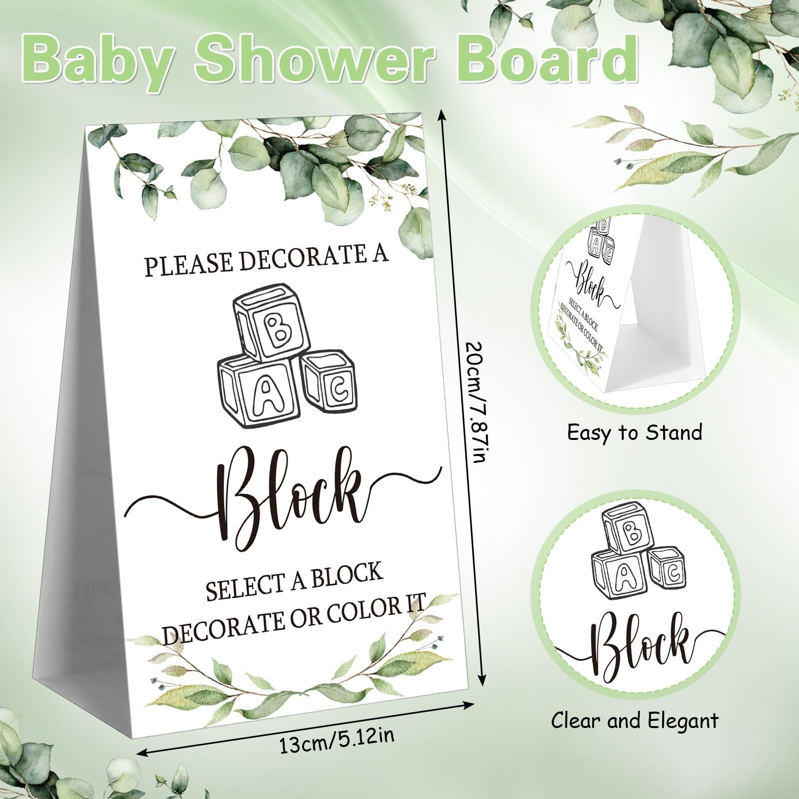 Baby shower decorating game sign with blocks and eucalyptus leaves, showing dimensions and instructions.