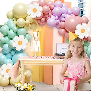 Pastel daisy balloon arch garland kit with a girl holding a gift, cake, and decorative panels.
