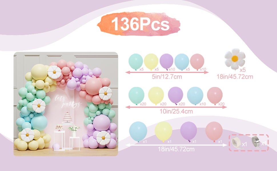 Pastel daisy balloon arch garland kit with various sizes of pastel balloons and flower foil balloons, shown assembled and as components.