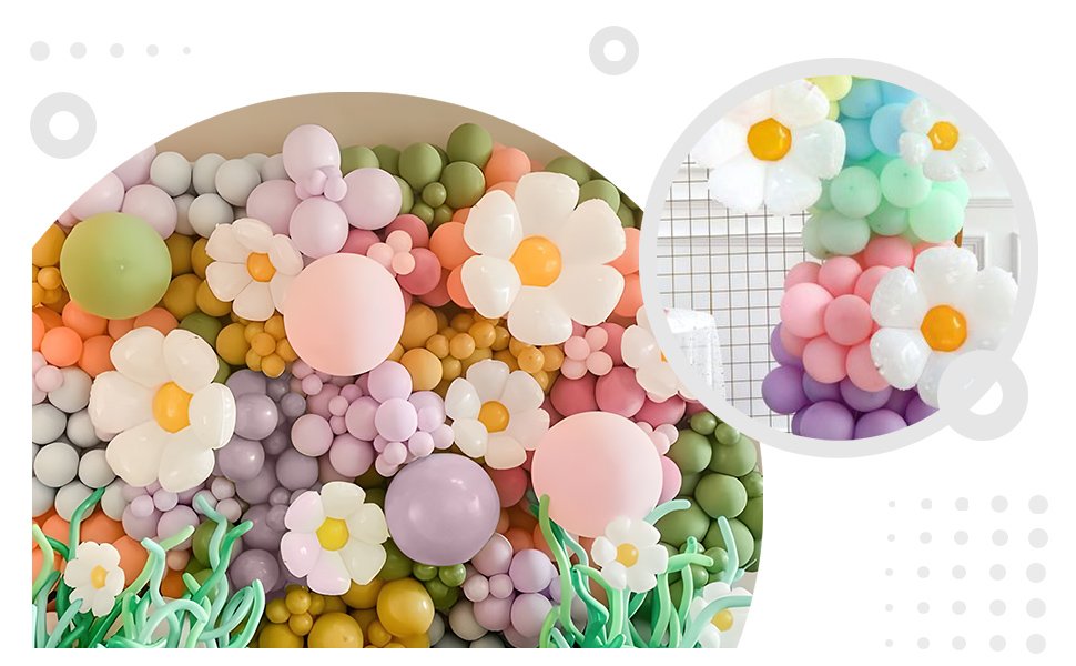 Pastel daisy balloon arch garland kit with latex and flower foil balloons, close-up view and inset detail