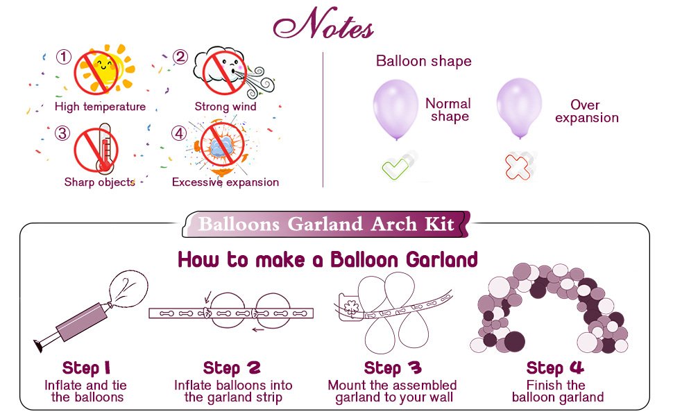 Instructions for making a balloon garland, showing notes on temperature, wind, sharp objects, expansion, and balloon shape, plus four steps for assembly.