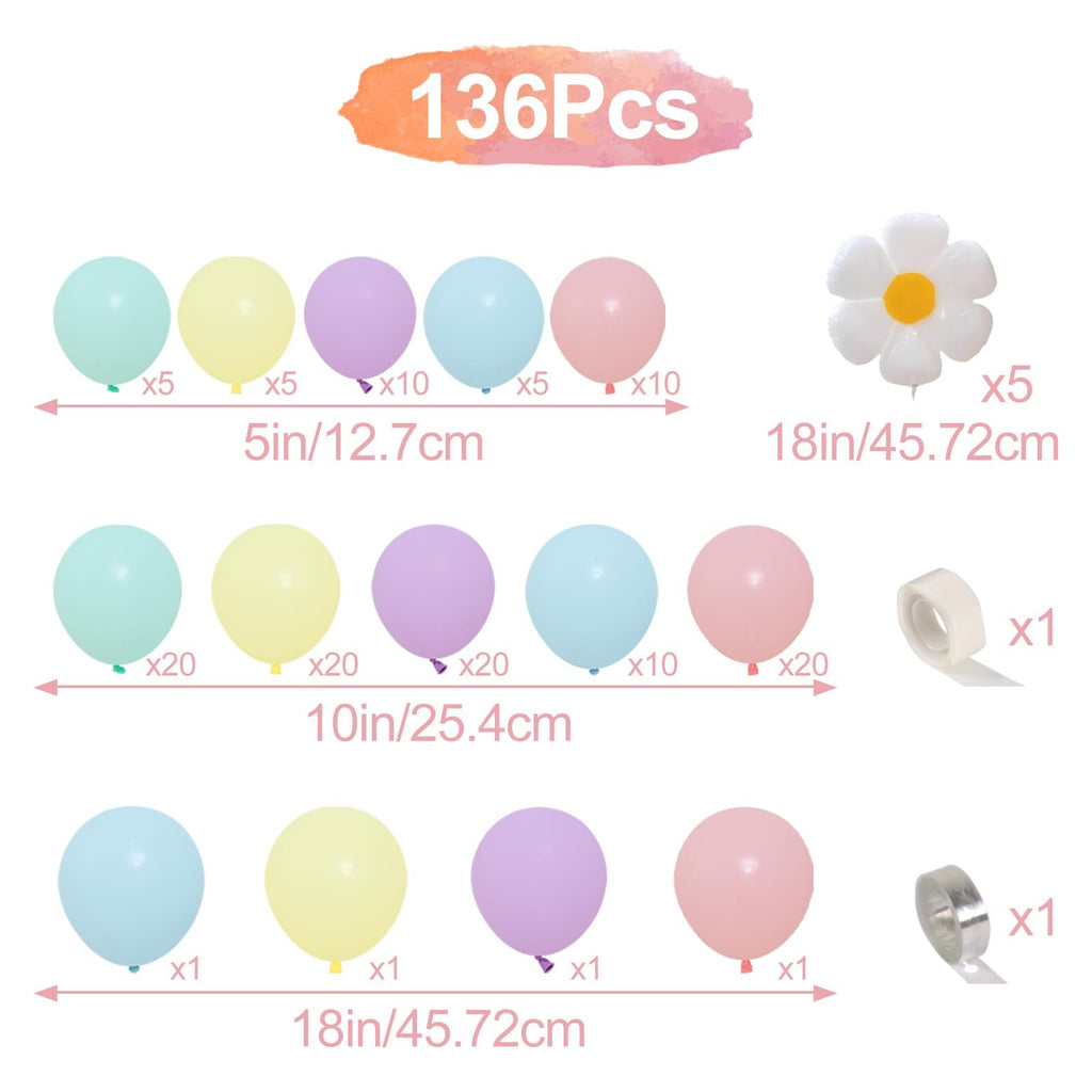 Pastel balloon arch garland kit contents with latex balloons in various sizes and colors, flower foil balloons, and tape.