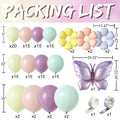 Balloon arch kit contents including pastel latex balloons, flower foil balloons, butterfly foil balloon, and balloon tape.