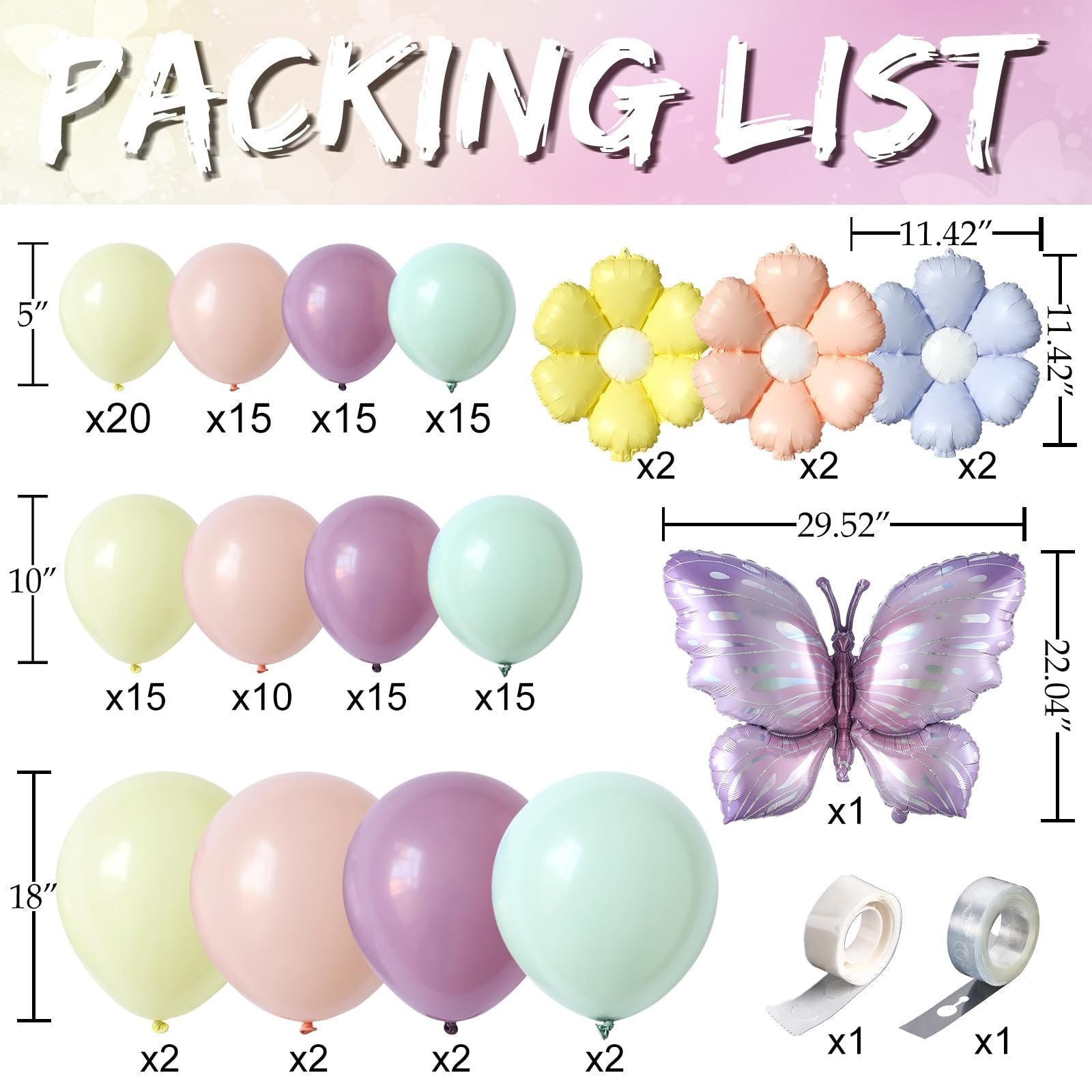 Balloon arch kit contents including pastel latex balloons, flower foil balloons, butterfly foil balloon, and balloon tape.