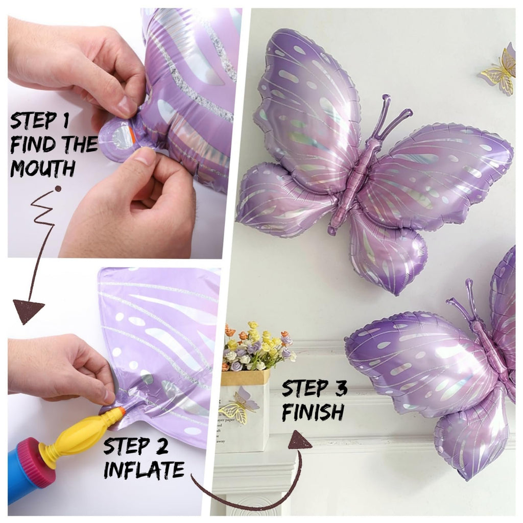 Instructions for inflating purple butterfly balloons, showing steps to find the mouth, inflate with a pump, and finish.