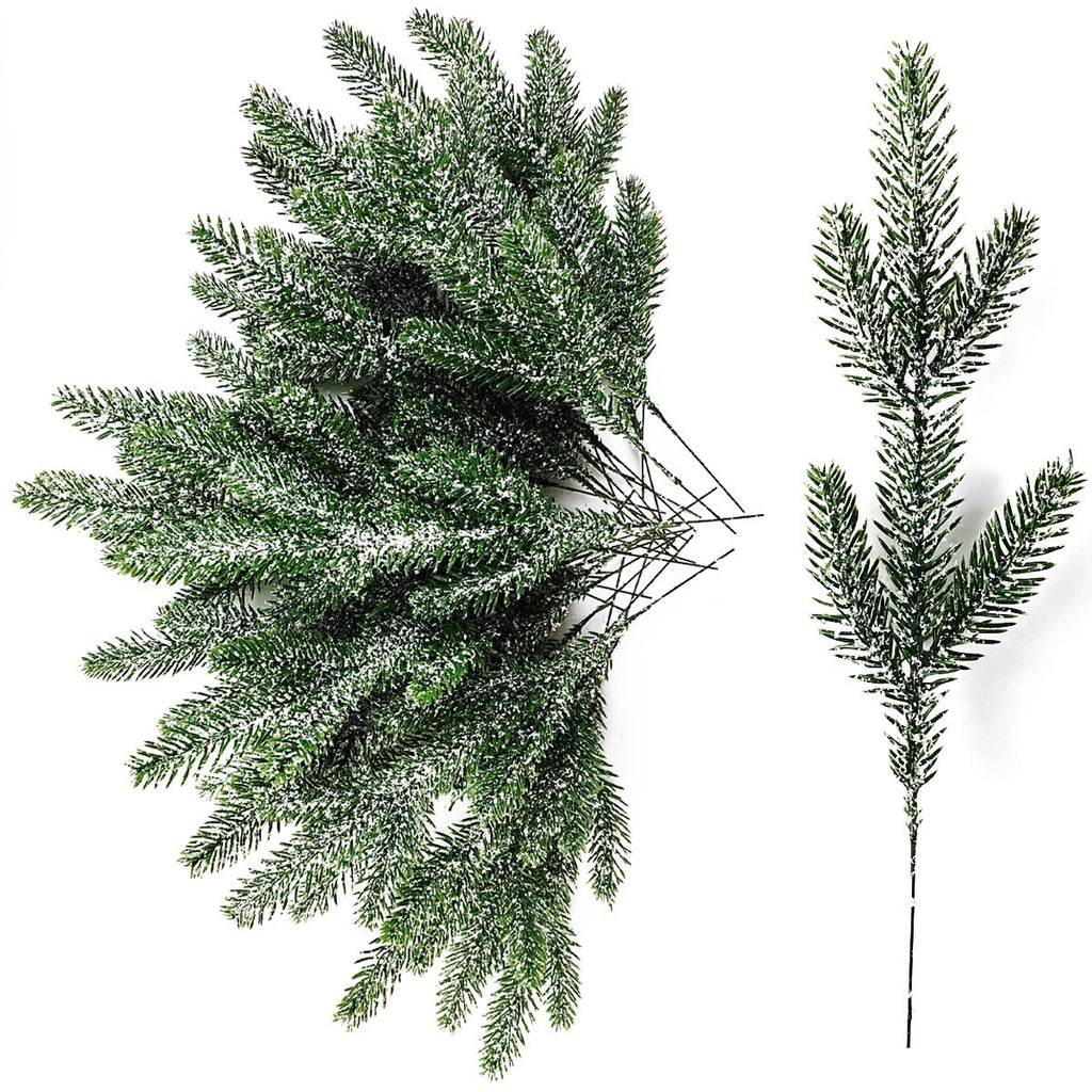 Artificial snow-frosted pine branches on a white background, one sprig shown individually.