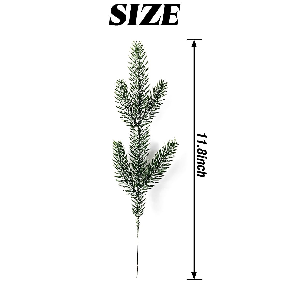 Artificial pine branch with snow-like dusting, shown with size indicator.