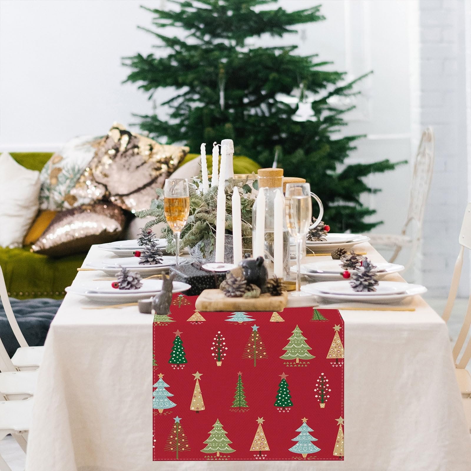 Christmas table runner with red background and assorted green and gold Christmas trees pattern