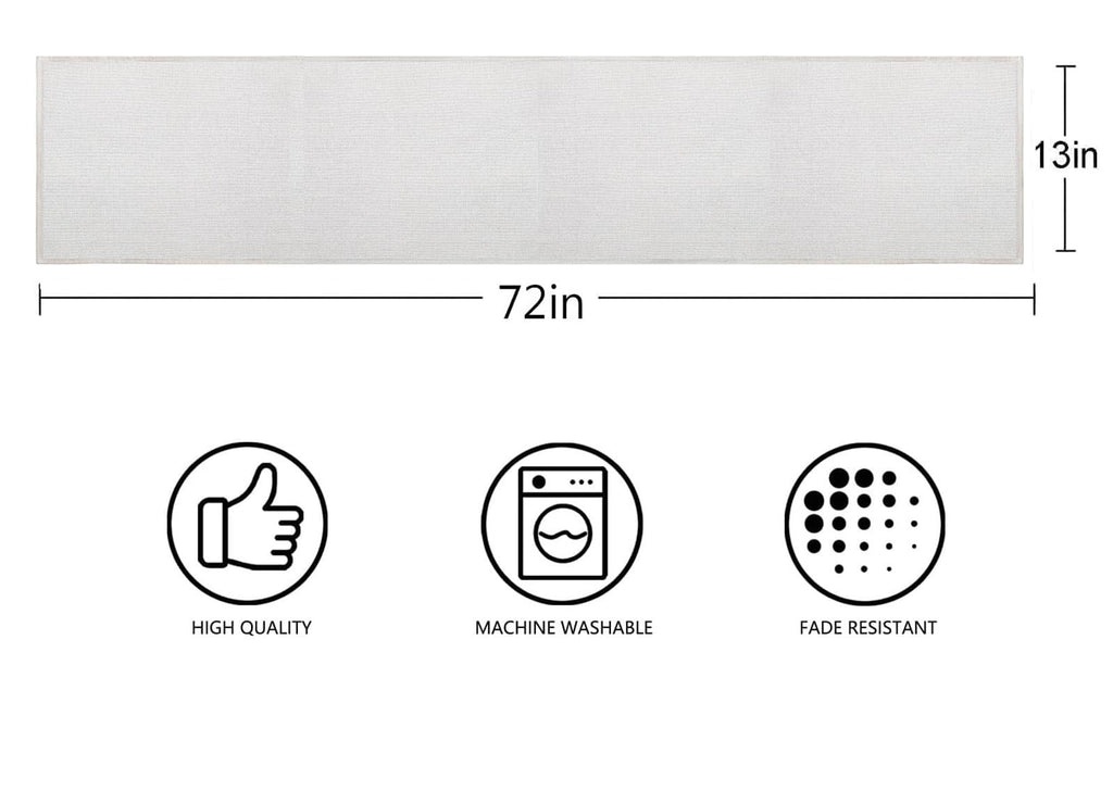 White table runner with dimensions 13x72 inches shown with icons for high quality, machine washable, and fade resistant.
