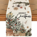 Christmas table runner with pine trees, ornaments, and 'Merry Christmas' text on a wooden table.