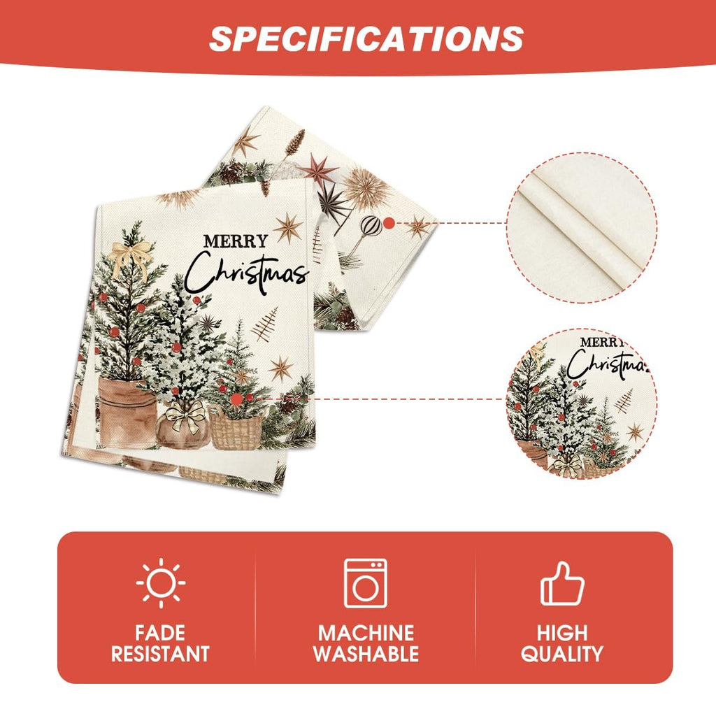 Christmas table runner with trees and 'Merry Christmas' text, shown with close-ups of fabric and pattern, plus feature icons.