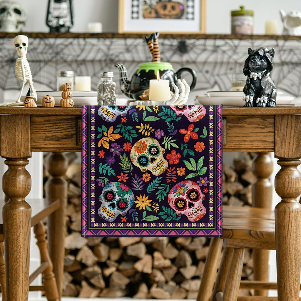 Sugar skull Day of the Dead table runner with floral pattern on a wooden table