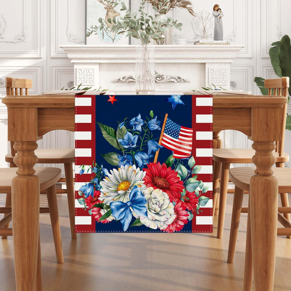 Watercolor floral American flag table runner on a wooden dining table with chairs.