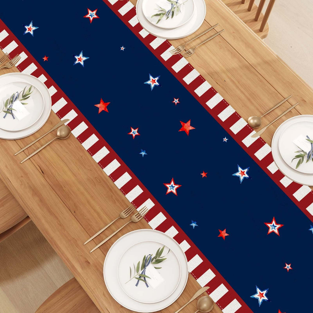 American flag stars table runner on a wooden table with place settings