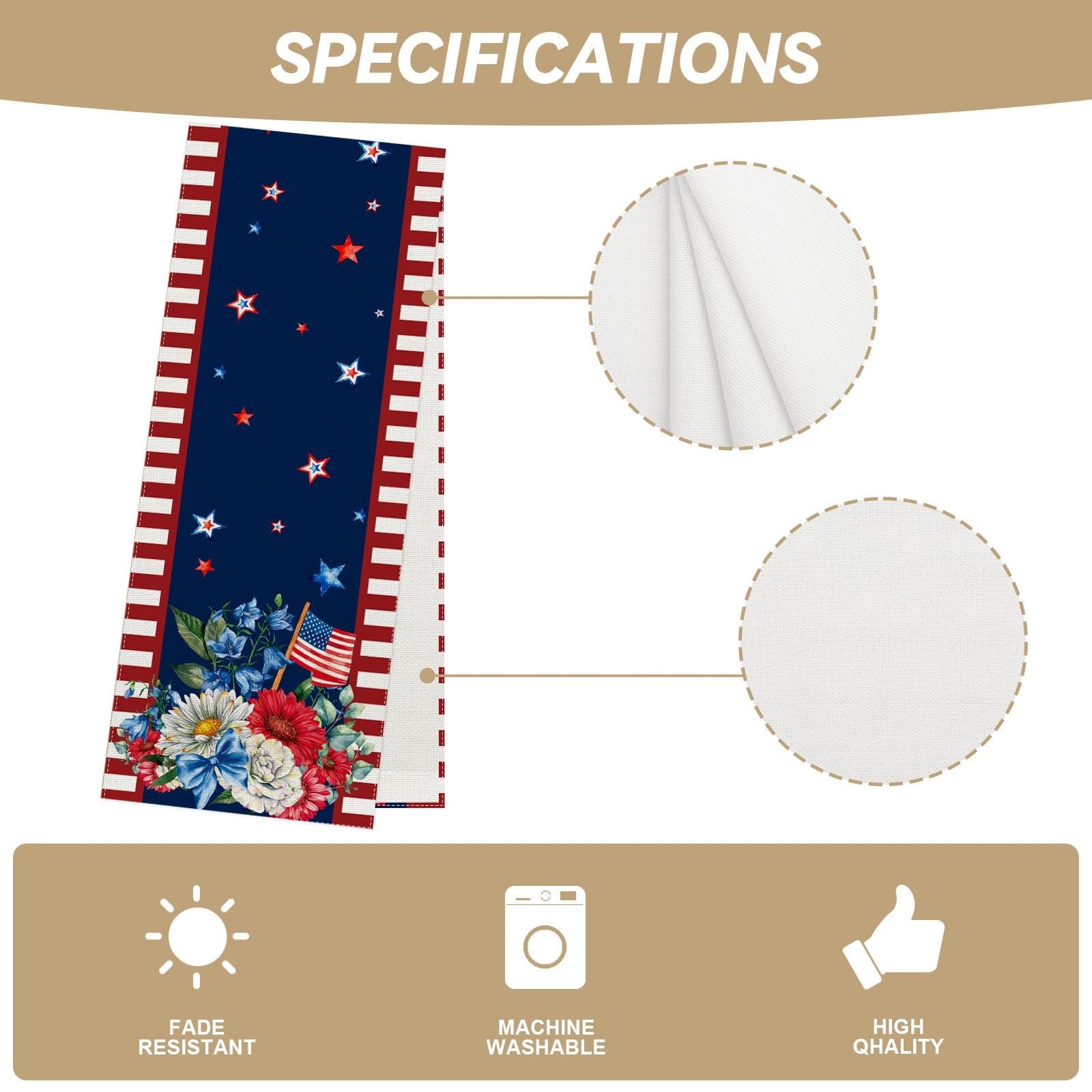 American flag and floral print table runner with red and white striped edges, shown with fabric detail close-ups and feature icons.