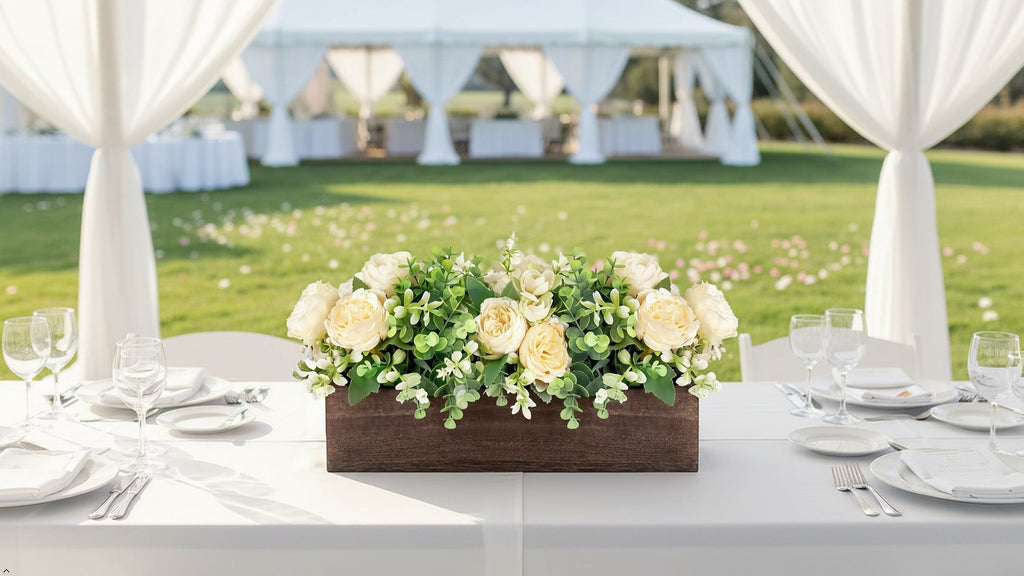 Wooden centerpiece box with artificial yellow roses and eucalyptus on a table set for a wedding reception