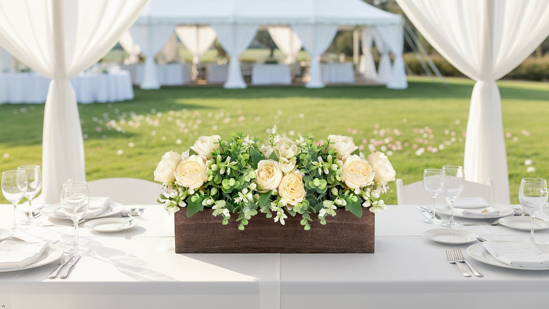 Wooden centerpiece box with artificial yellow roses and eucalyptus on a table set for a wedding reception