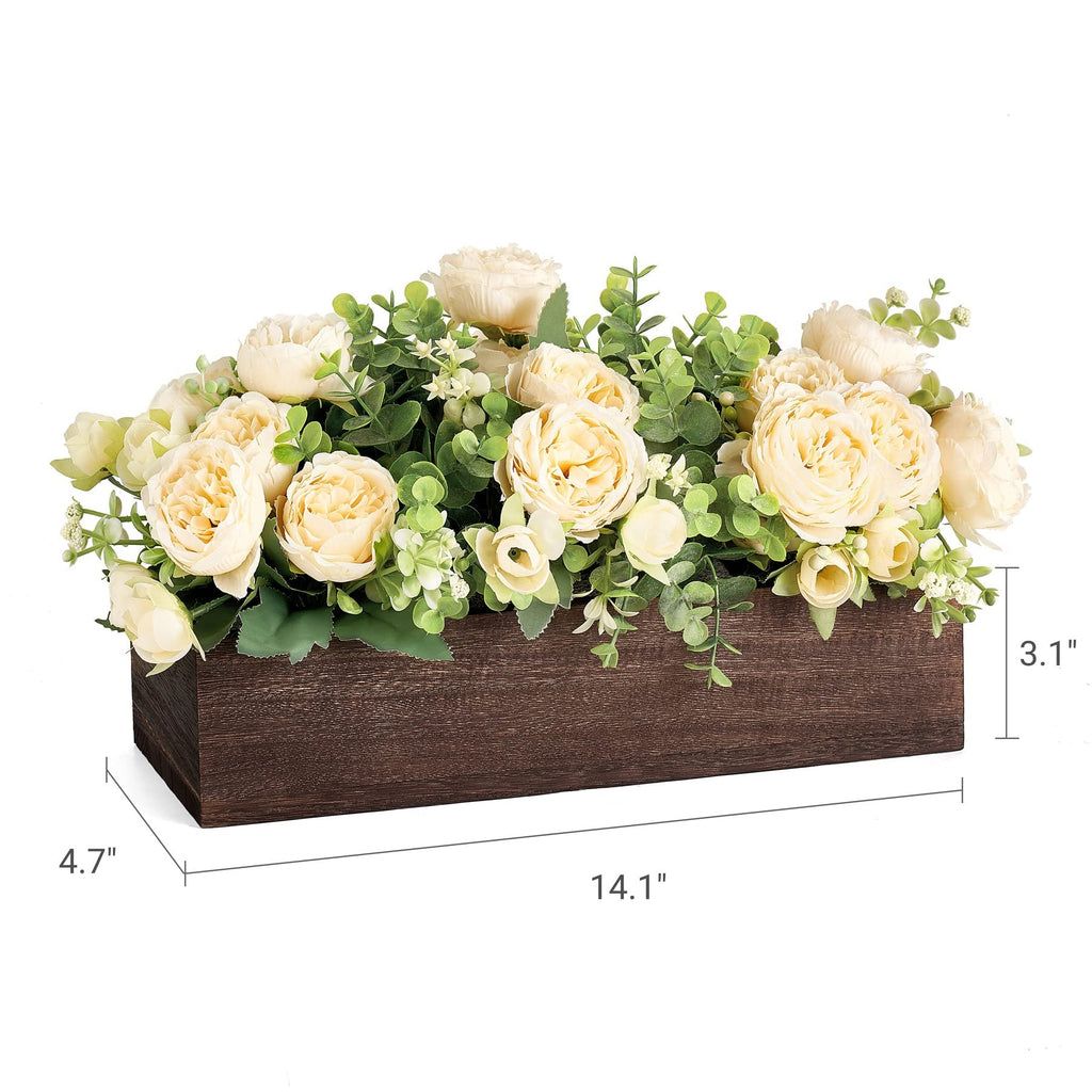 Artificial floral arrangement in a dark wood planter box, with dimensions indicated.