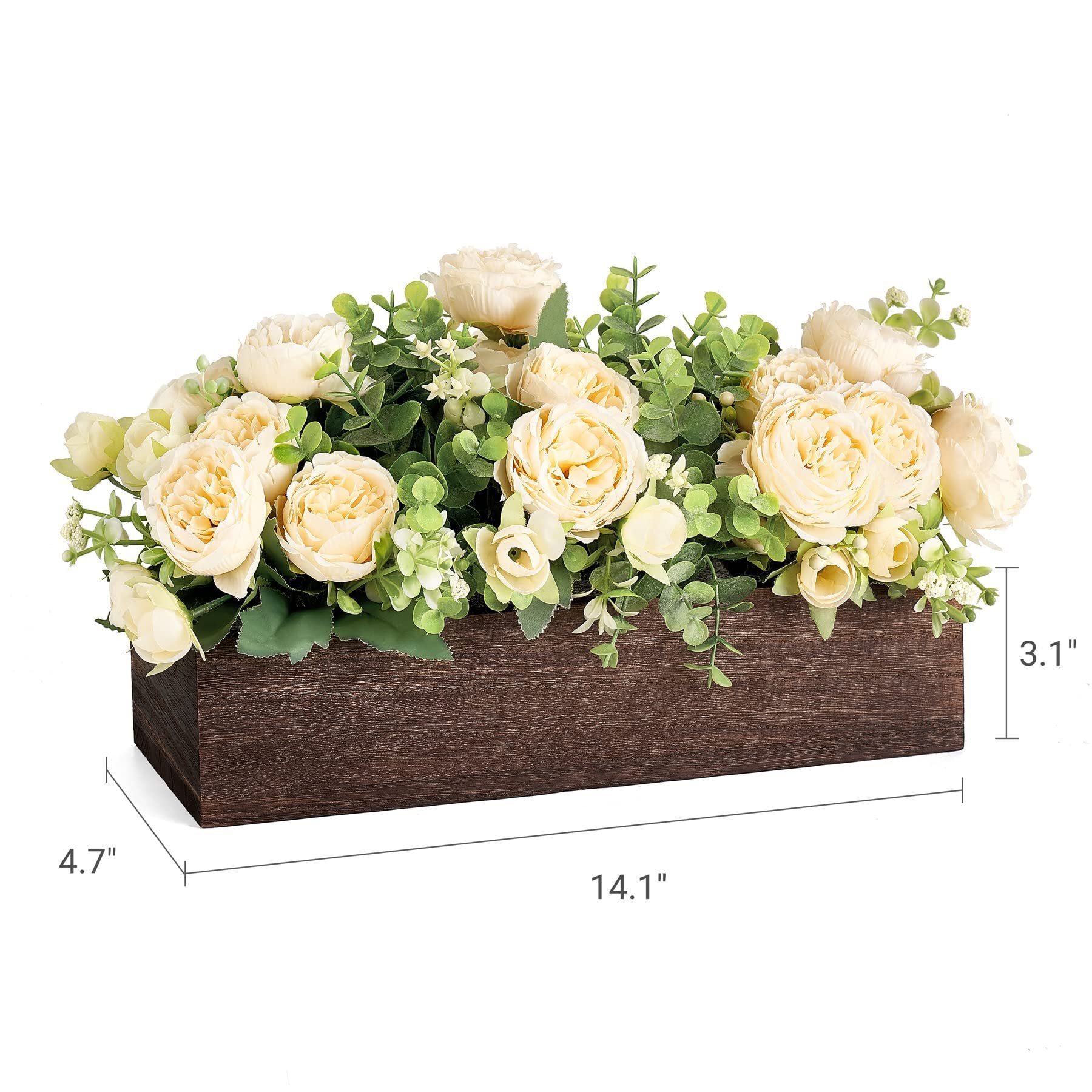 Artificial floral arrangement in a dark wood planter box, with dimensions indicated.