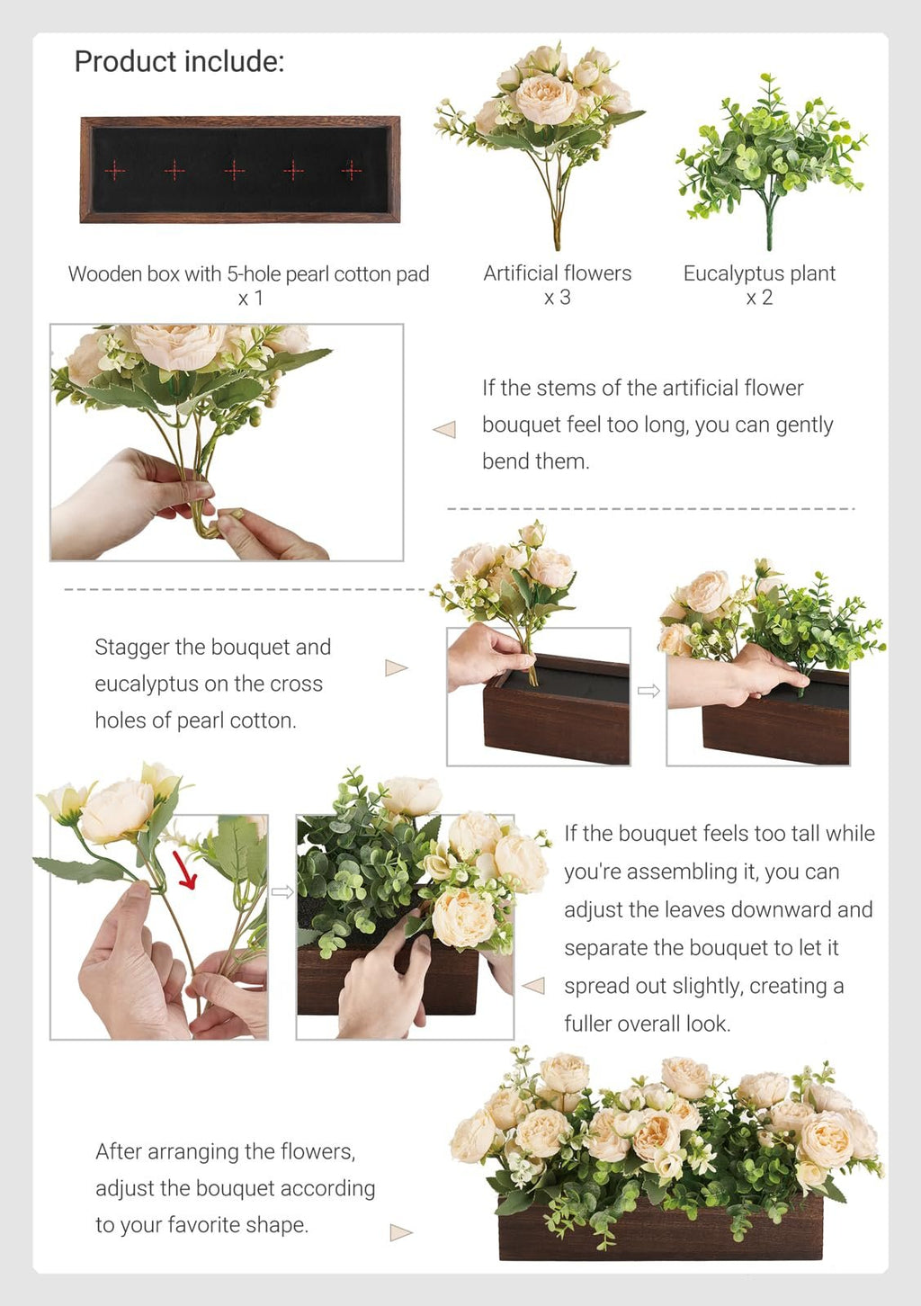 Assembly instructions for a wooden centerpiece box with artificial flowers and eucalyptus, showing how to arrange the components.