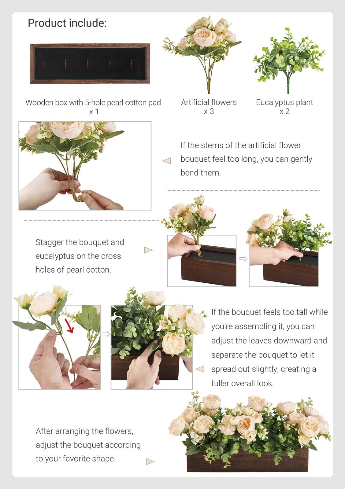 Assembly instructions for a wooden centerpiece box with artificial flowers and eucalyptus, showing how to arrange the components.