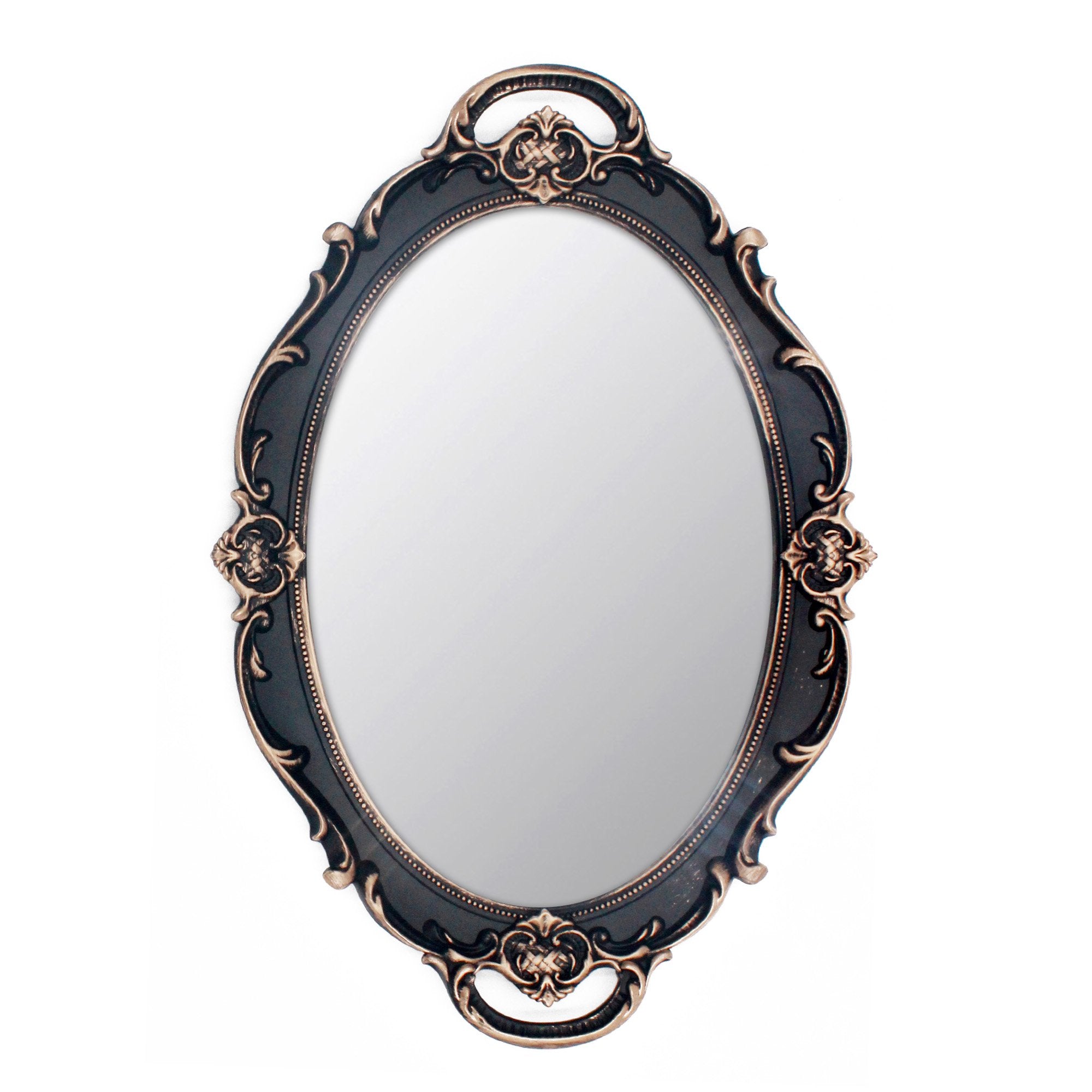 Oval decorative wall mirror with ornate black and gold frame, shown front-on against a white background.