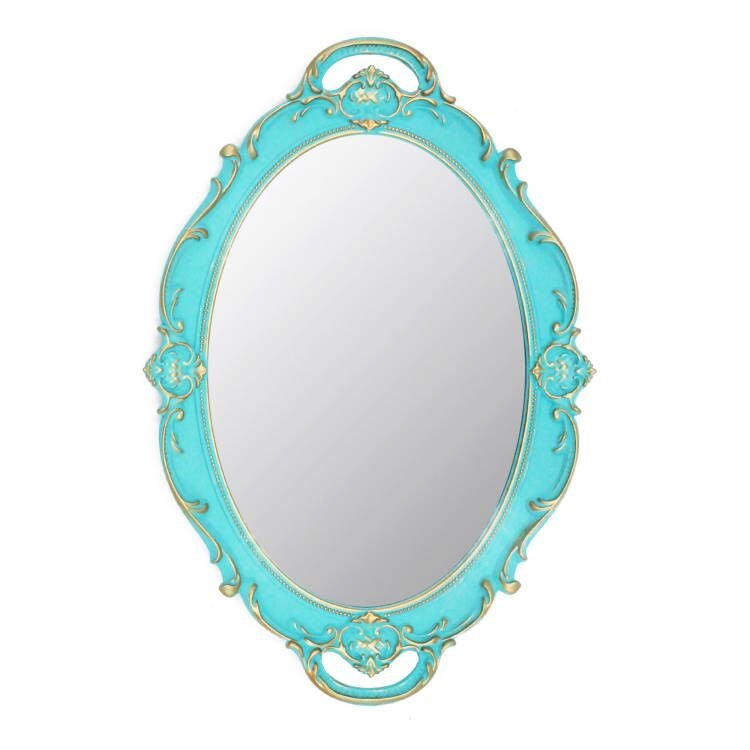 Turquoise and gold ornate oval decorative wall mirror against a white background.