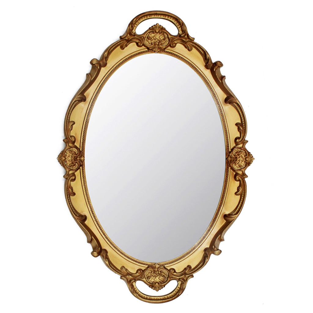 Oval antique decorative wall mirror with ornate gold frame, shown front-on against a white background.