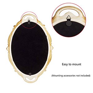 Back of an oval antique decorative wall mirror with gold ornate frame, showing mounting hook and inset detail. Text indicates easy mounting.