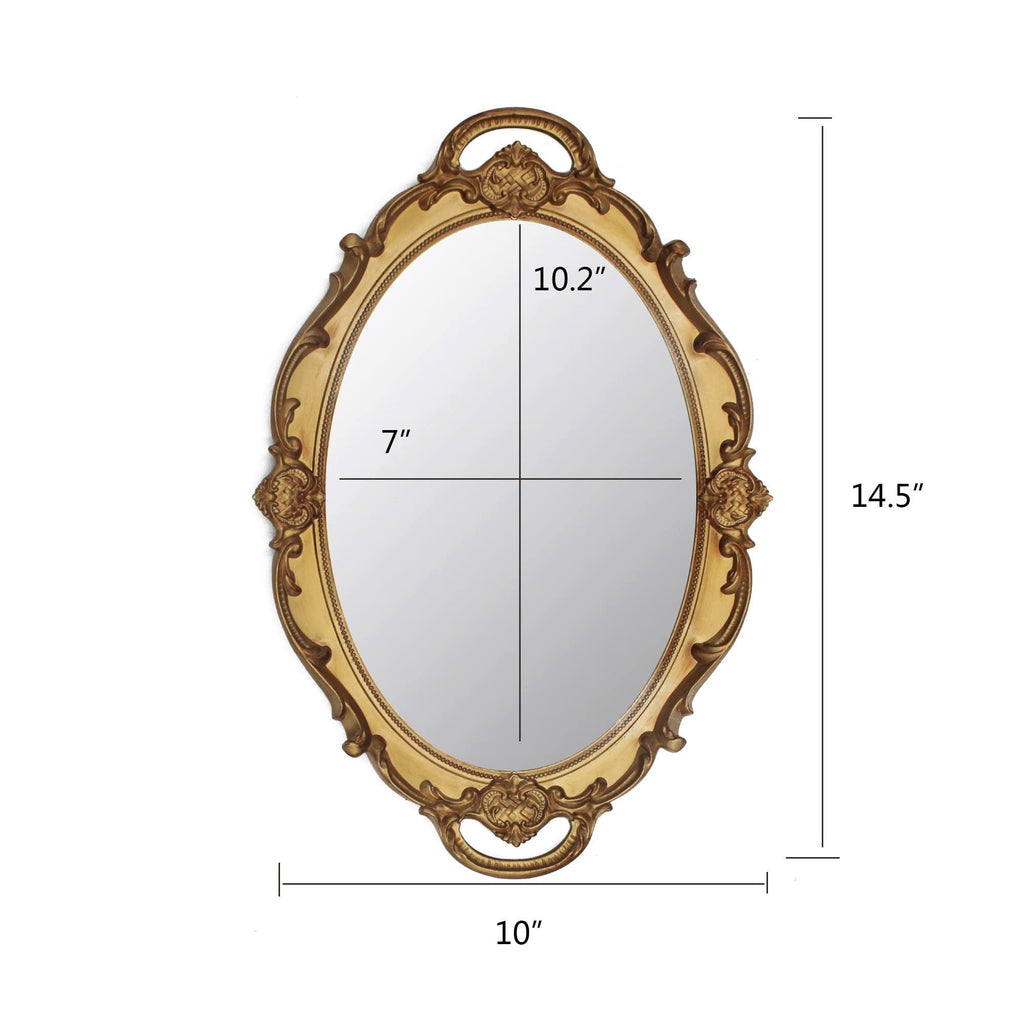 Antique oval decorative wall mirror with gold ornate frame, showing dimensions 14.5" height, 10" width, 10.2" inner height, and 7" inner width.