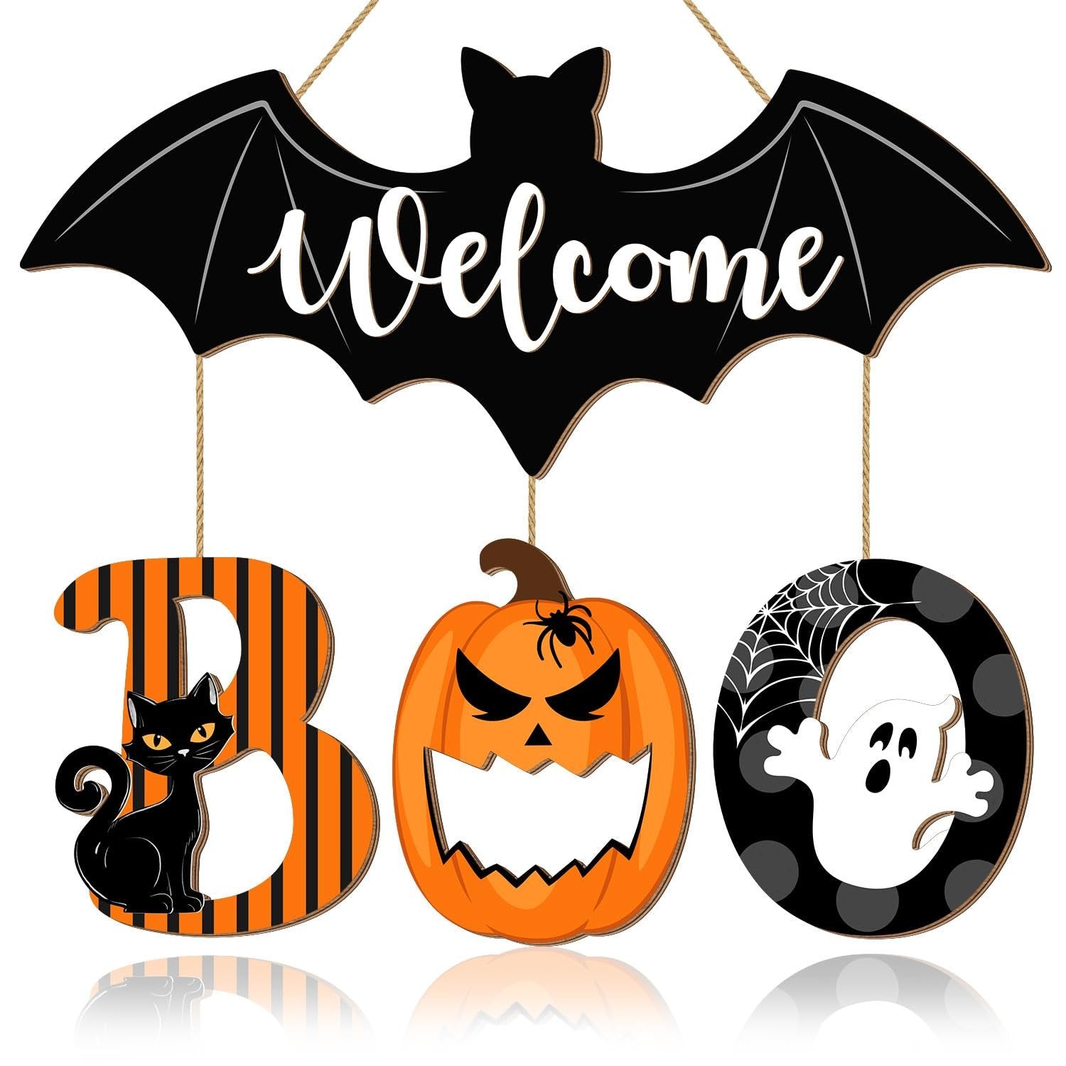 Halloween BOO door sign with bat, black cat, pumpkin, ghost ornaments and 'Welcome' text