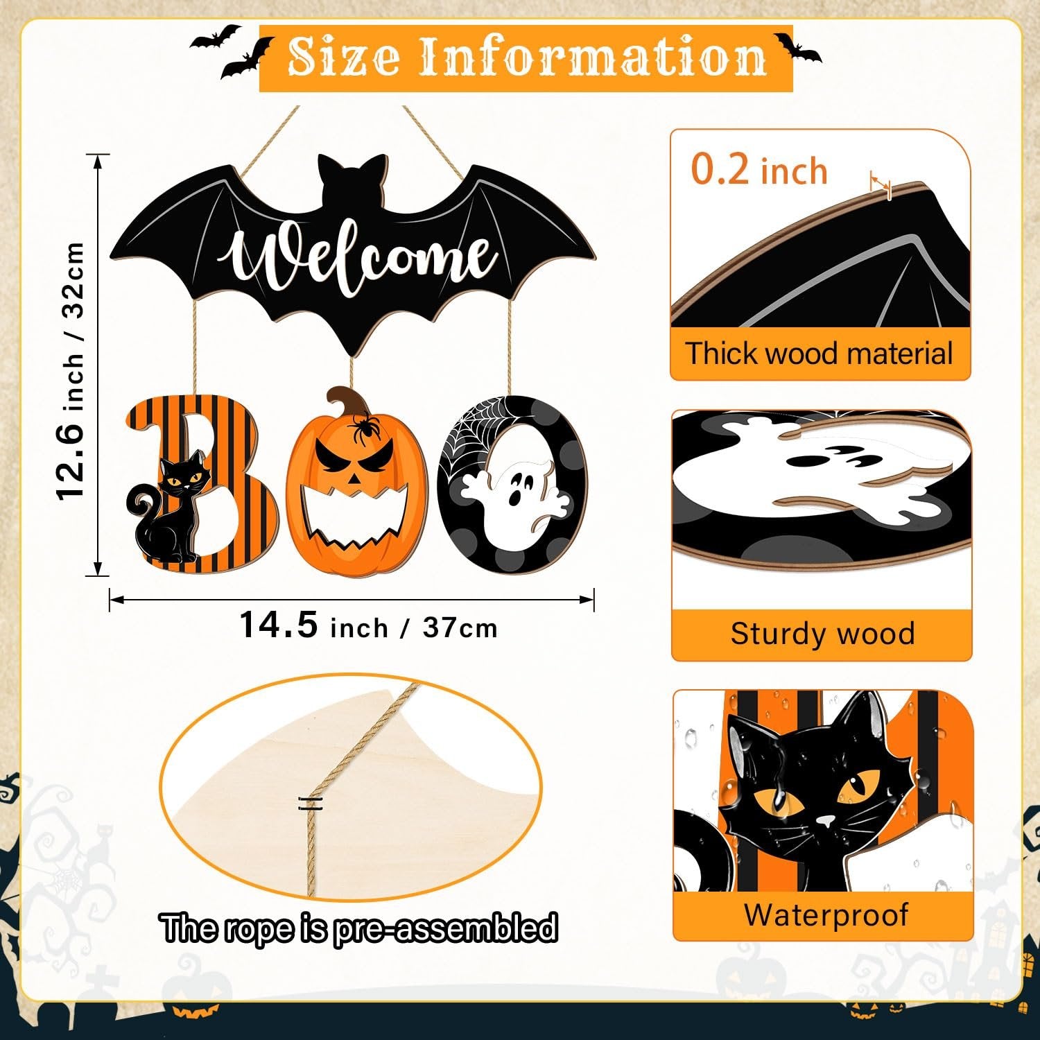 Halloween BOO door sign with bat, cat, pumpkin, and ghost ornaments, showing size and material details.