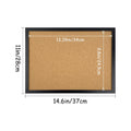Black cork bulletin board with oak wood finish frame, showing dimensions 14.6in/37cm wide and 11in/28cm tall.