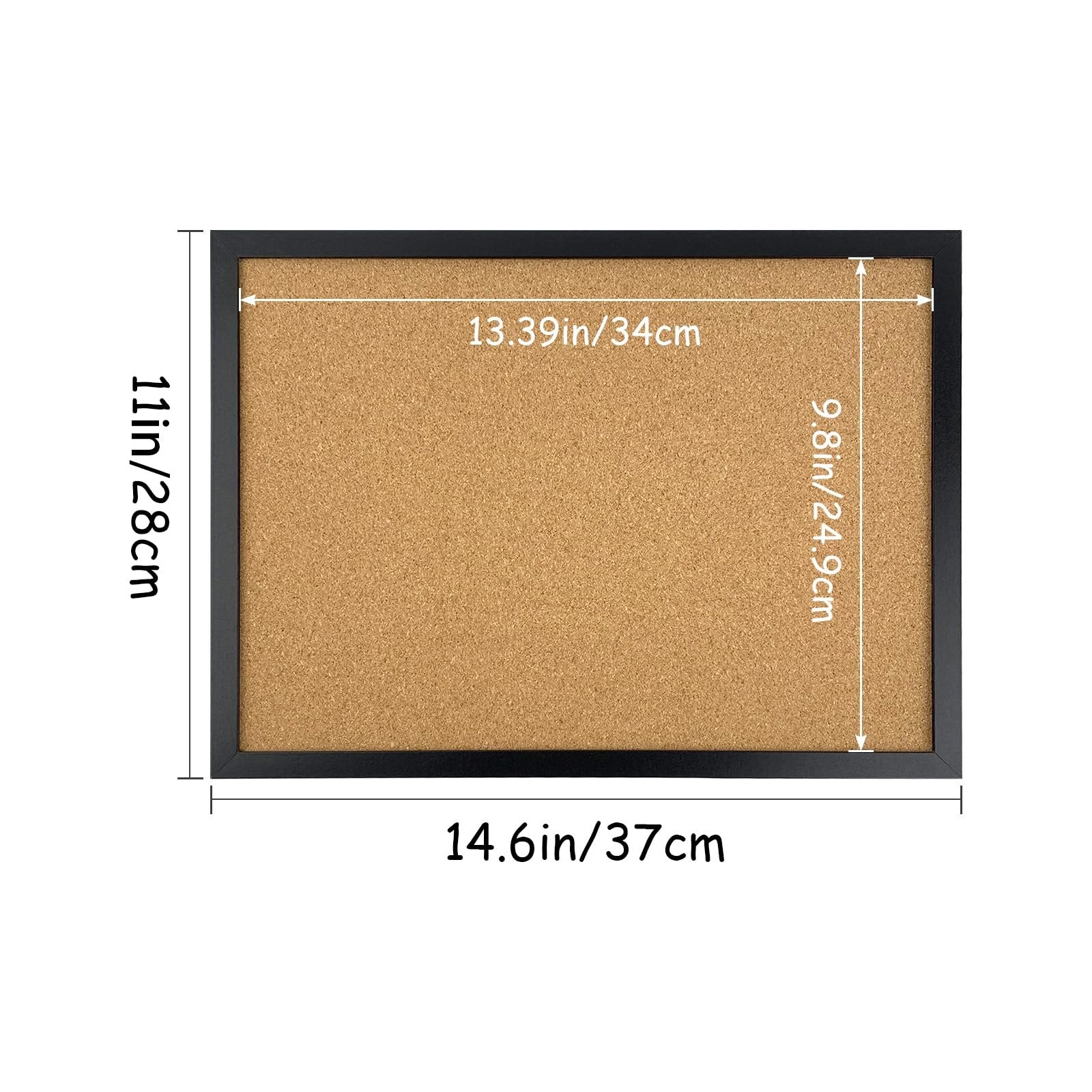 Black cork bulletin board with oak wood finish frame, showing dimensions 14.6in/37cm wide and 11in/28cm tall.