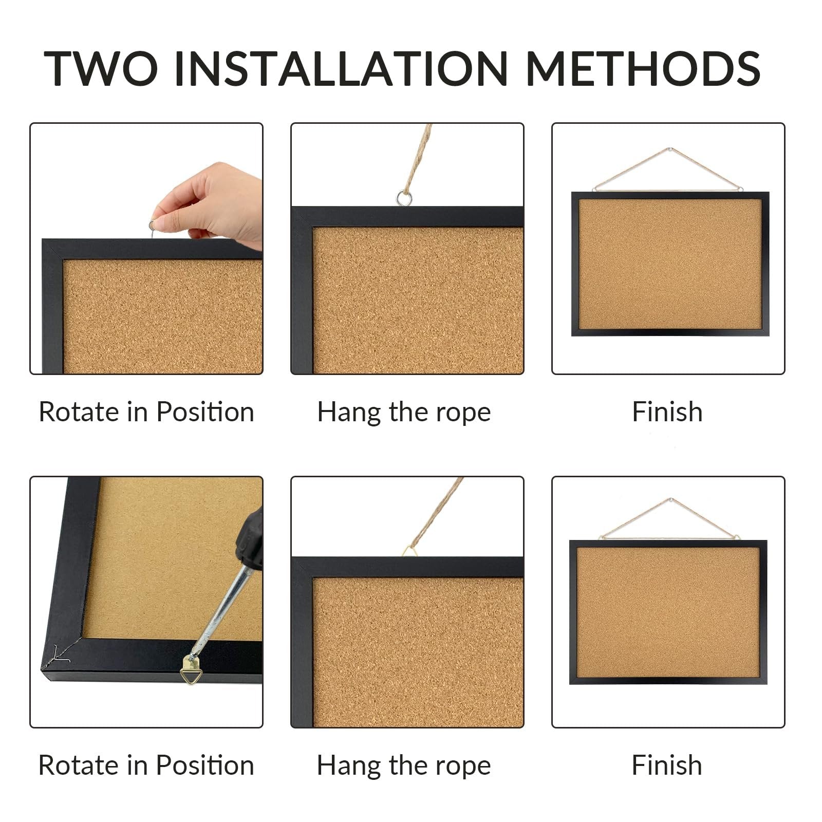 Black cork bulletin board with oak wood finish frame shown in six steps demonstrating two installation methods: rotating in position, hanging the rope, and finishing.