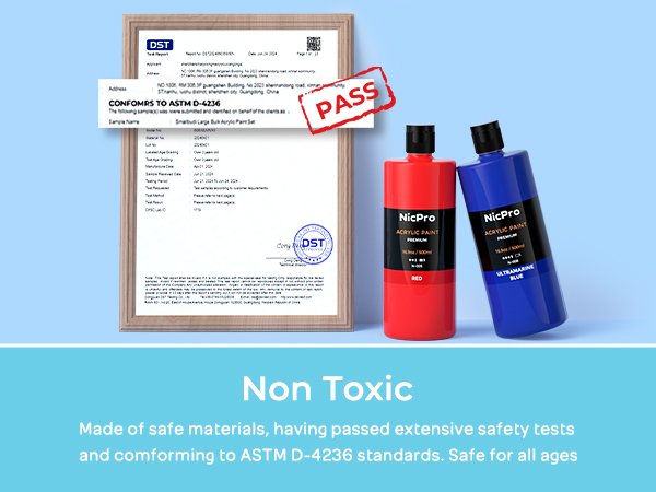 Two large bottles of acrylic paint, red and ultramarine blue, with a compliance certificate and 'PASS' stamp.