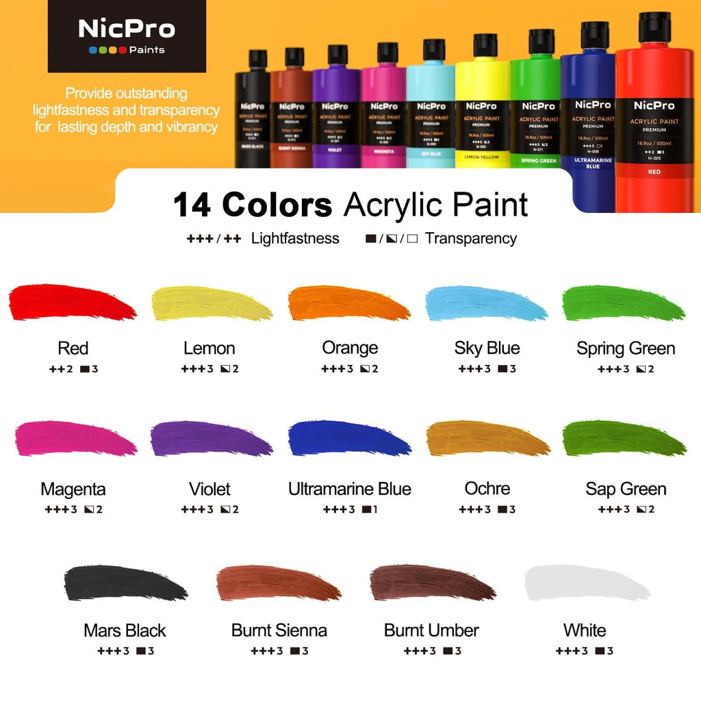 14 colors of acrylic paint bottles and swatches with color names and lightfastness ratings.