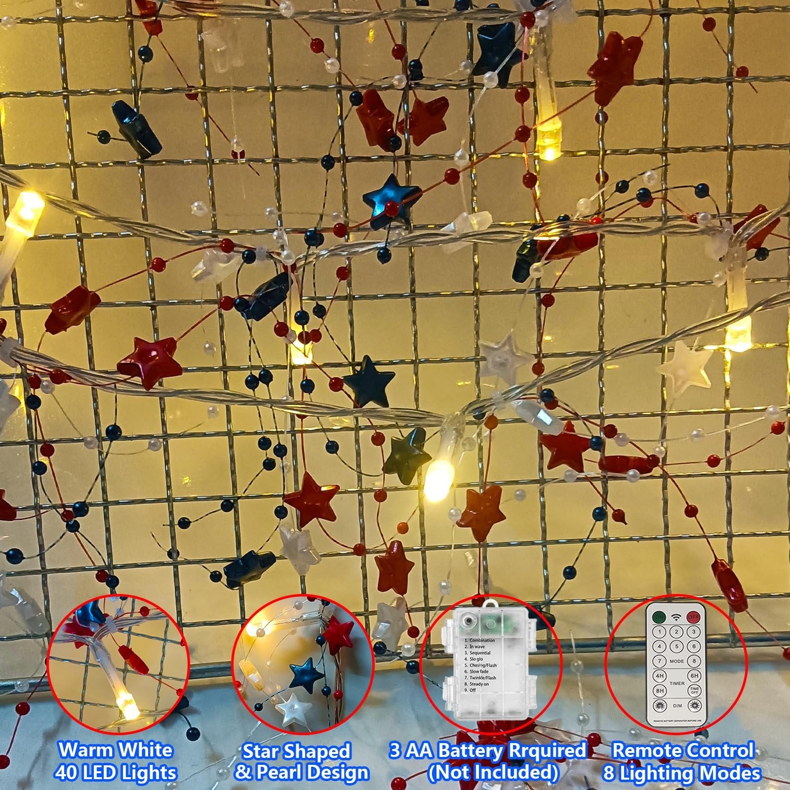 Red, white, and blue star garland with warm white LED lights and decorative beads, shown with inset images of lights, design, battery pack, and remote.