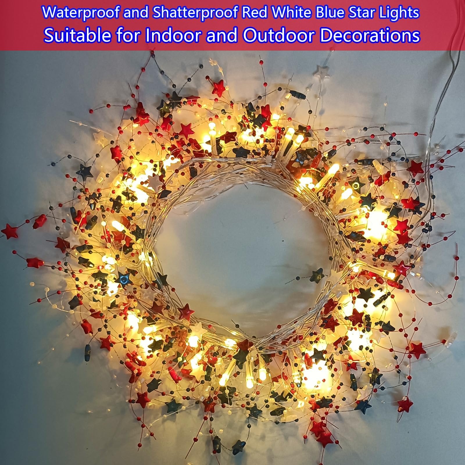 Red white and blue star garland with warm white LED lights arranged in a circle on a light background