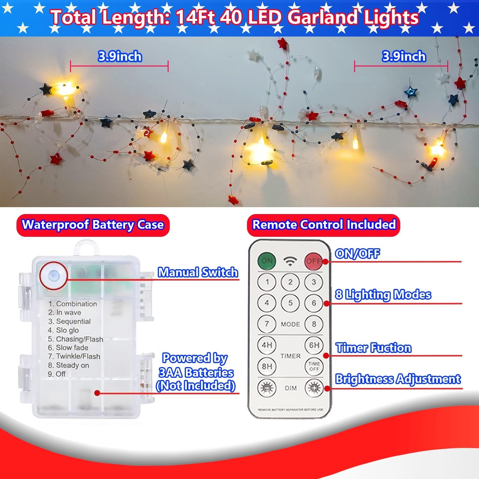 Red, white, and blue star garland with 40 warm white LED lights and battery pack, shown with measurements and remote control.