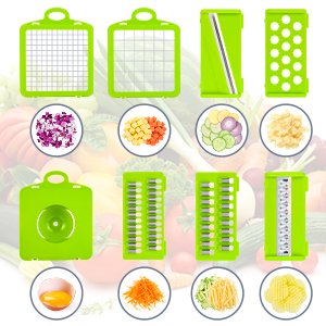 Set of 14 vegetable chopper attachments and prepped ingredients including diced onions, carrots, cucumbers, garlic, shredded cheese, and potato slices.