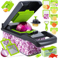 Vegetable chopper with red onion inside container and various cutting attachments and chopped vegetables displayed around it.