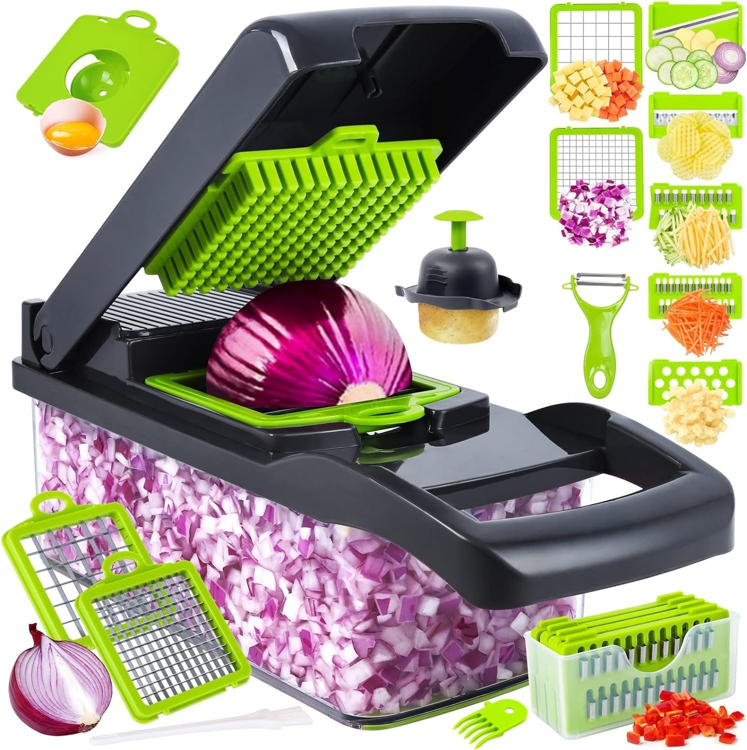 Vegetable chopper with red onion inside container and various cutting attachments and chopped vegetables displayed around it.