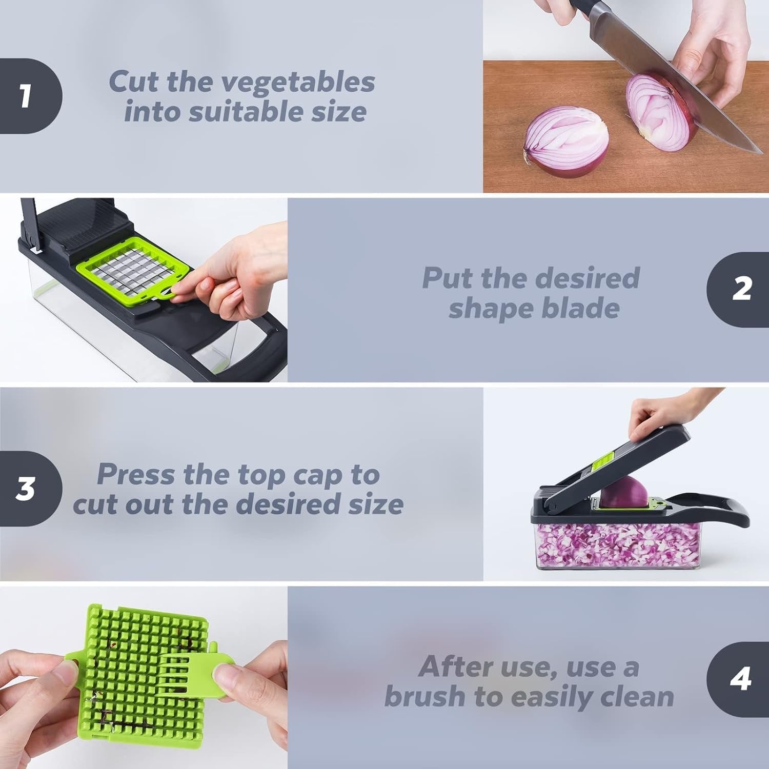 Collage showing how to use a vegetable chopper: cutting vegetables, inserting blade, chopping, and cleaning.