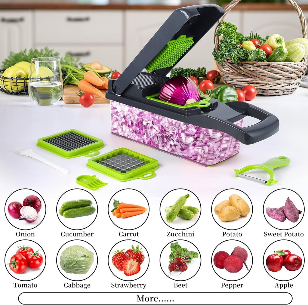 Vegetable chopper with various attachments and a display of chopped onions, surrounded by images of different vegetables like onions, cucumbers, carrots, and apples.