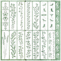14 border stencils with floral and dragon vine leaf designs, arranged in two rows on a green wood background.