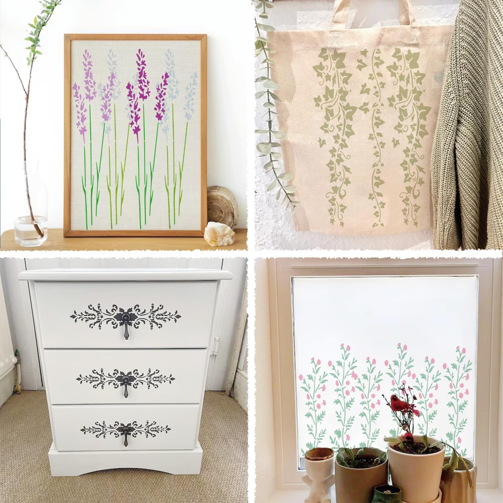 Collage of four images showing stencils applied to different surfaces: lavender on canvas, ivy on tote bag, floral design on dresser, and floral border on window.