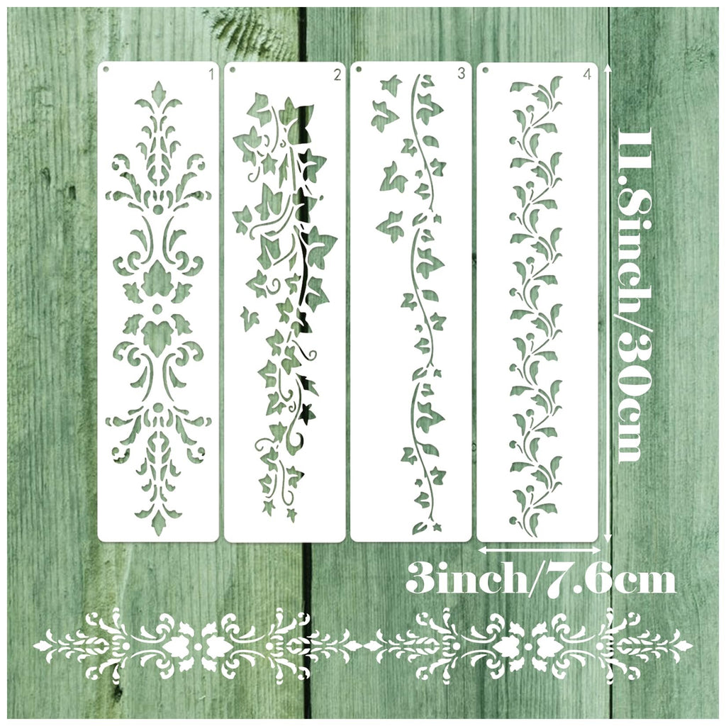 Four floral and vine stencils displayed vertically on a green wooden background, with dimensions indicated.